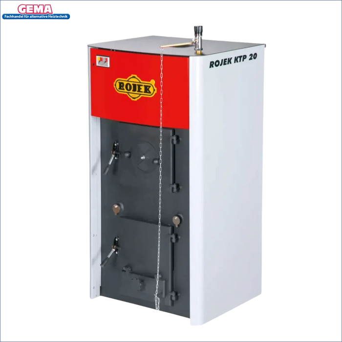 Roter und weißer Festbrennstoff-Vergaserkessel Rojek KTP 30 kW