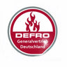 Rundes rotes und weißes Logo mit Flammen.