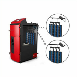 Roter und schwarzer Pelletkessel mit internen Komponenten für Attack SLX Kombikessel 20 kW