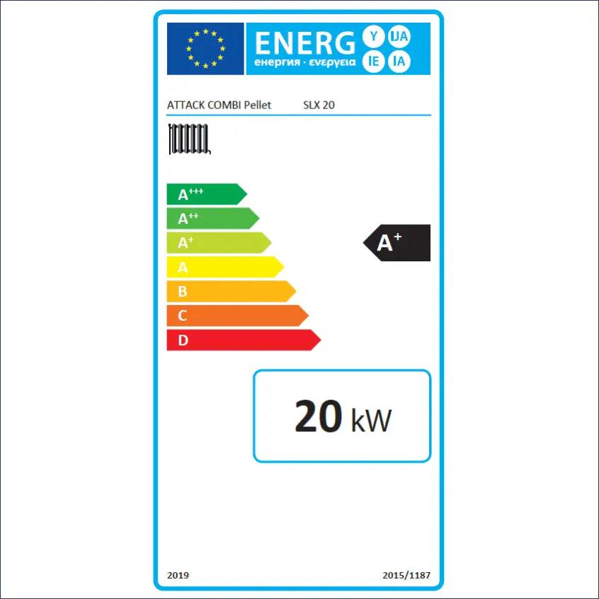 Energieeffizienzlabel für den Attack SLX Kombikessel 20 kW Holz und Pellets