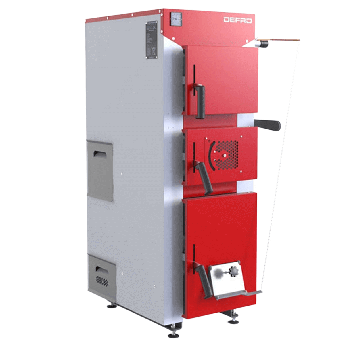 Roter und grauer Festbrennstoffkessel Defro DWS 22 kW mit hohem Wirkungsgrad