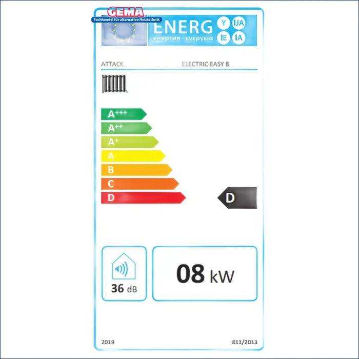 Energieeffizienzlabel am Elektrokessel ATTACK Electric Easy 8 kW