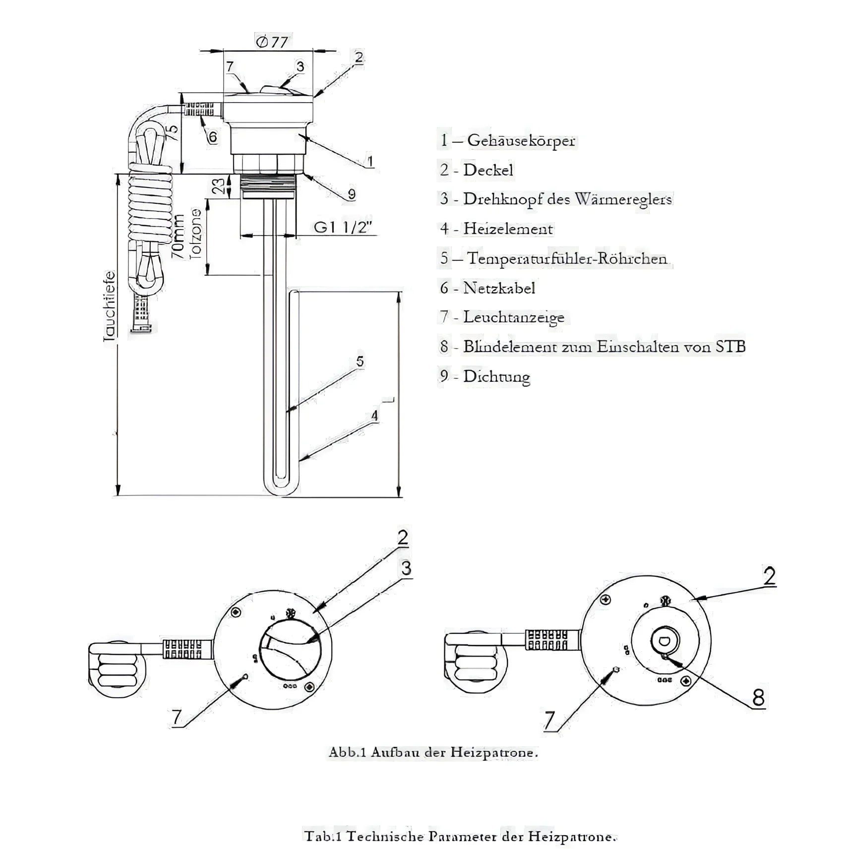 Technische Zeichnung des Heizstabs Heizpatrone 2 kW aus hochwertigen Materialien für zuverlässige Wärme