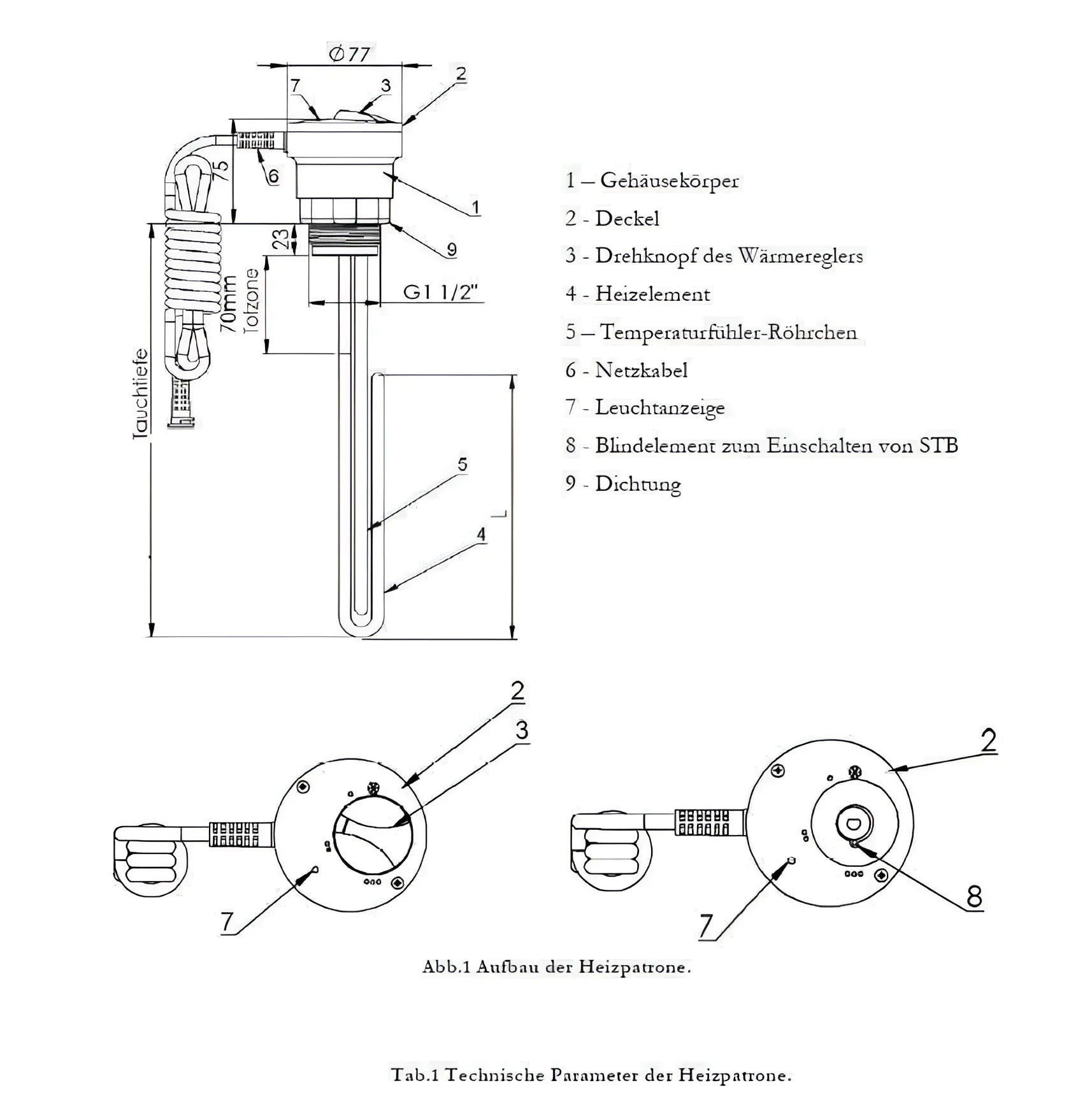 Technische Zeichnung eines Heizstabs Heizpatrone 1,5 kW 1 ½” mit AG