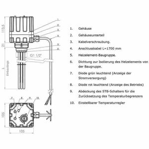 Elektroheizstab mit Regler und Thermostat 4,5 kW.