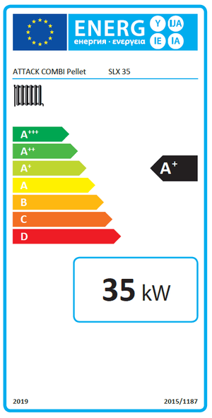 Energieeffizienzlabel für den Attack SLX Kombikessel 35 kW, zeigt A+ bis D Bewertung und 35 kW Leistung 🔥🌿