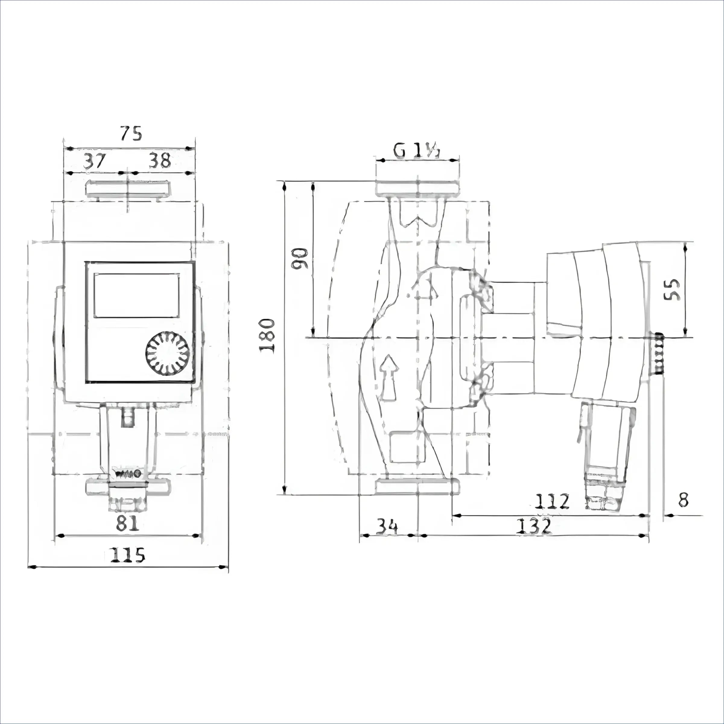 Technische Zeichnung einer Wilo Stratos Pico Umwälzpumpe mit Dimensionen, x4d
