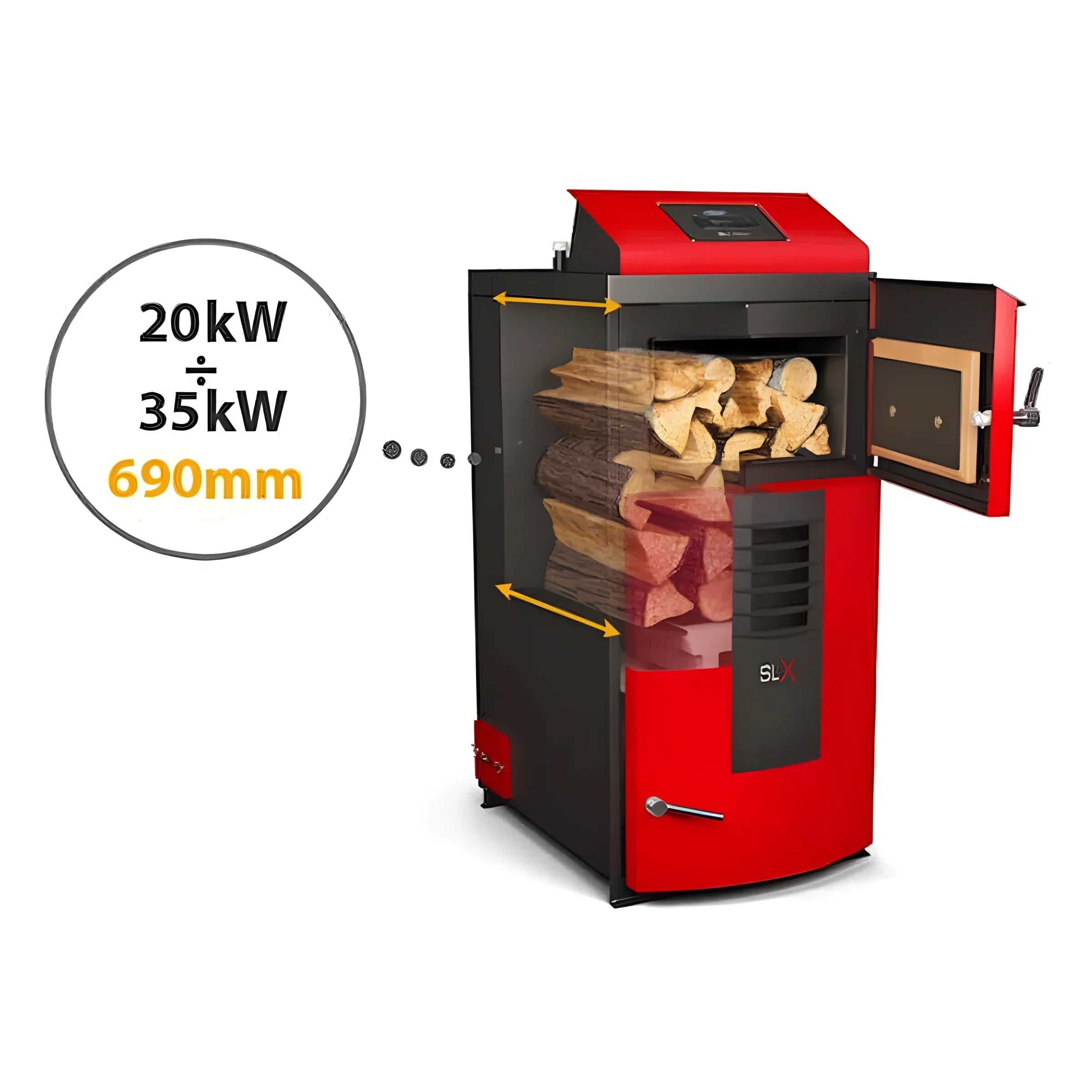 Red and schwarz Holz- und Pellets-Kombikessel Attack SLX für beeindruckenden Wirkungsgrad