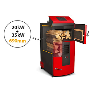 Red and schwarz Holz- und Pellets-Kombikessel Attack SLX für beeindruckenden Wirkungsgrad
