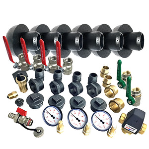 Vielzahl von Heizungsinstallationskomponenten wie Ventile, Rohre und Manometer für effiziente Systeminstallation 🔧💧
