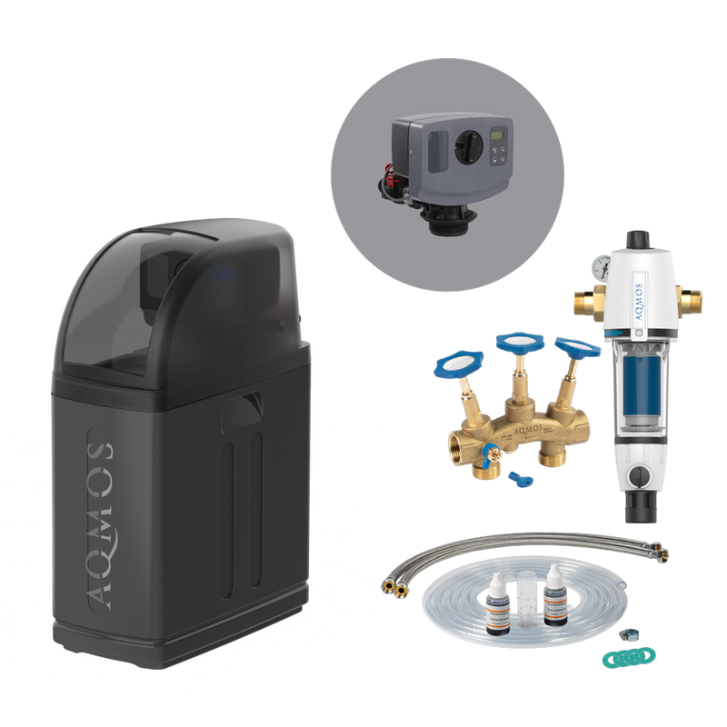 Aqmos R2D2-32 BLACK EDITION water softener system set with backwash filter, connection set and mounting block