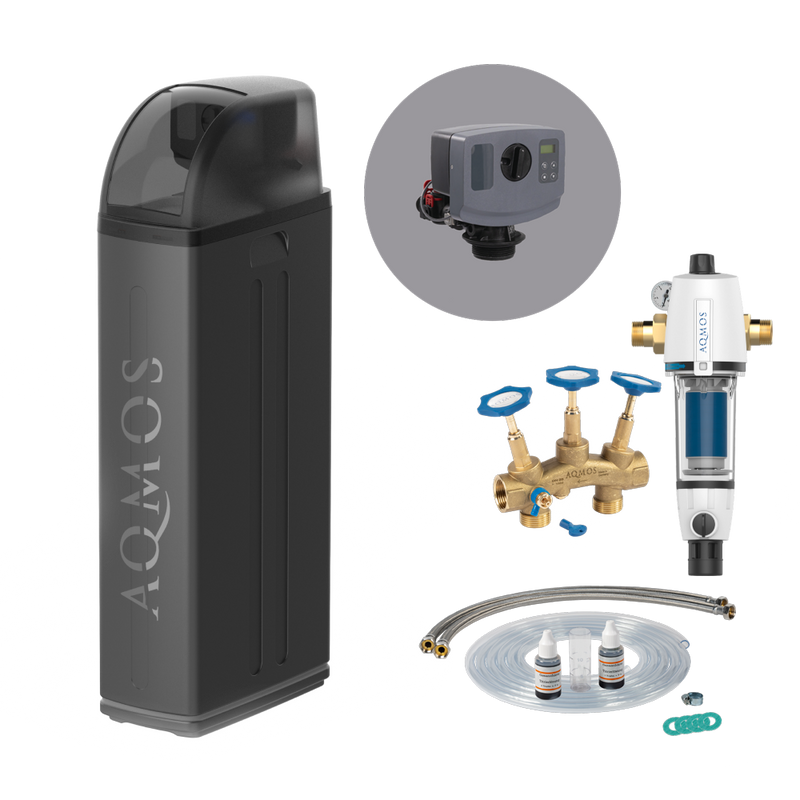 AQMOS R2D2-72 Black Edition water softening system set with backwash filter, connection set and mounting block