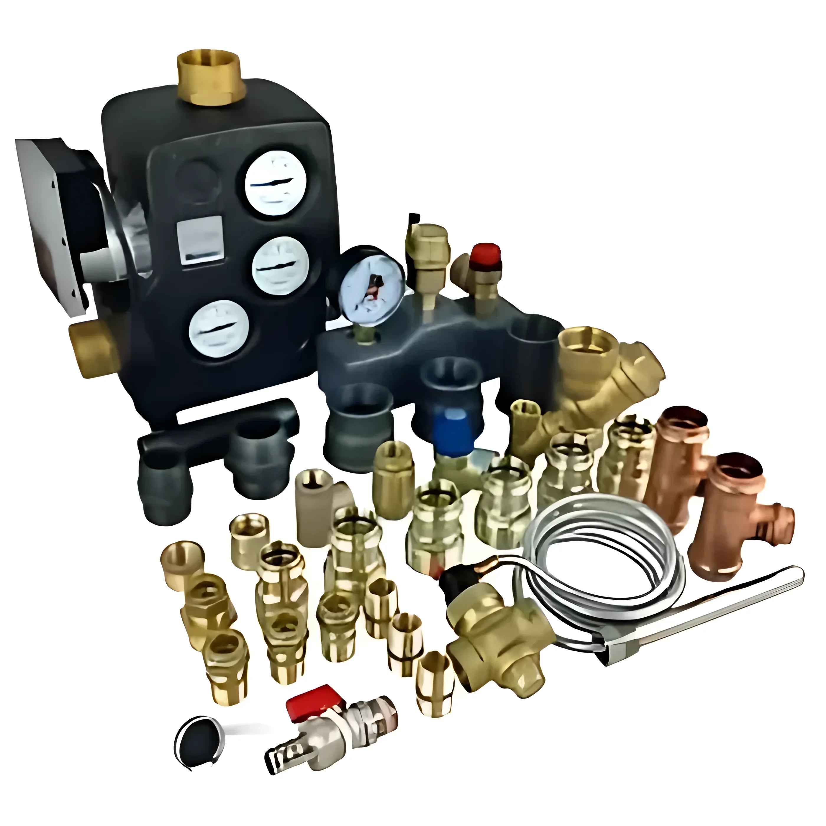 Plumbing and heating component assortment für Rot-schwarzer Pelletskessel mit Hygienespeicher