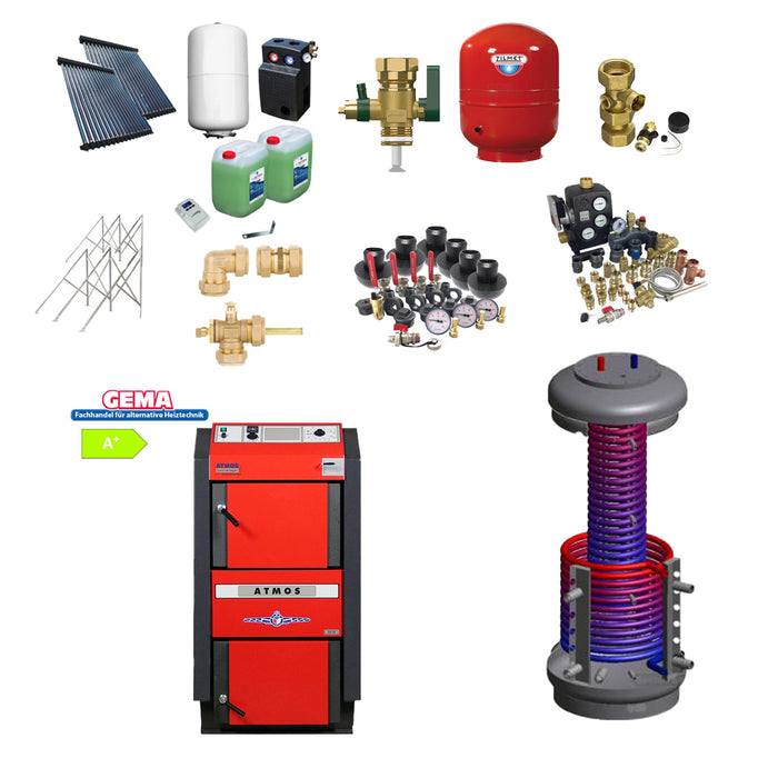 Holzvergaser Atmos GS + Speicher + Röhrenkollektor für Flachdach 7,22 m²