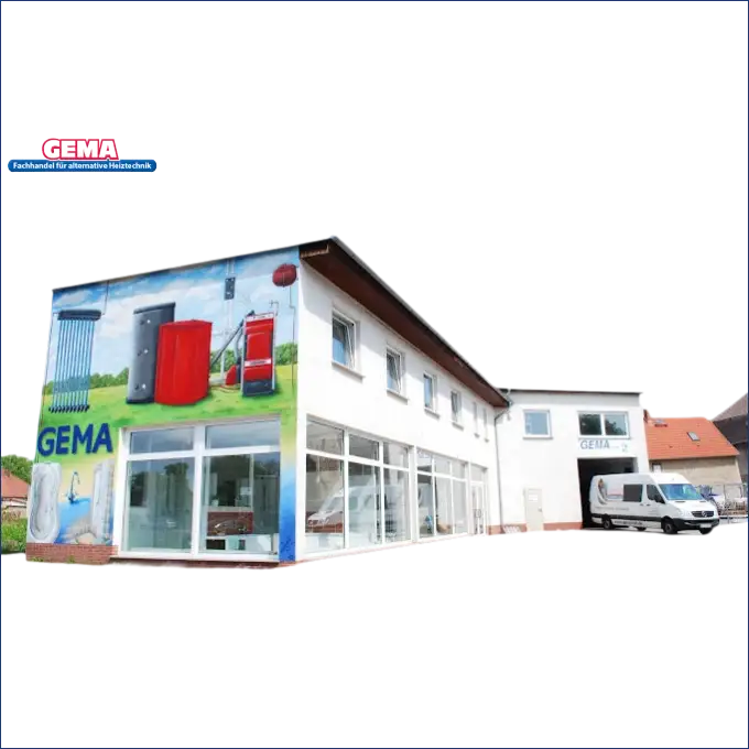 Gewerbegebäude mit Produktmural für Pelletkessel DEFRO Gamma 15 kW