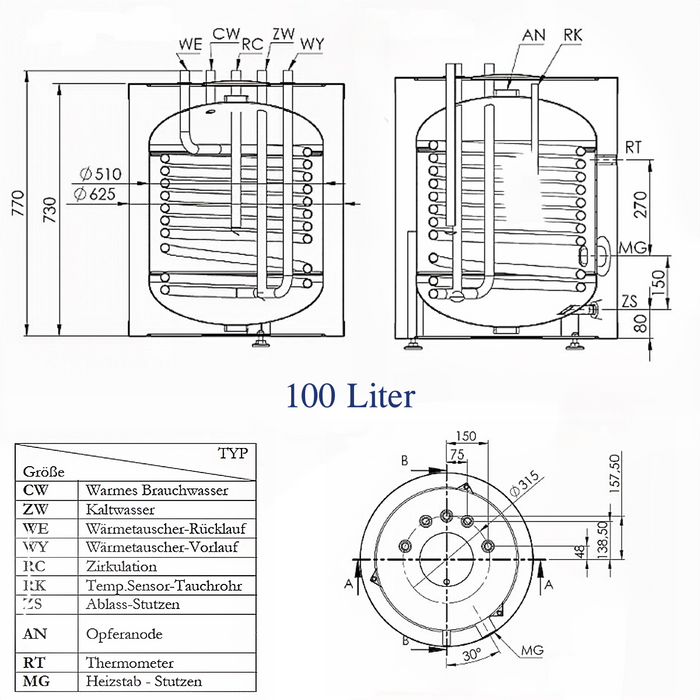 Trinkwasserspeicher 100 Liter mit 2 kW Heizstab