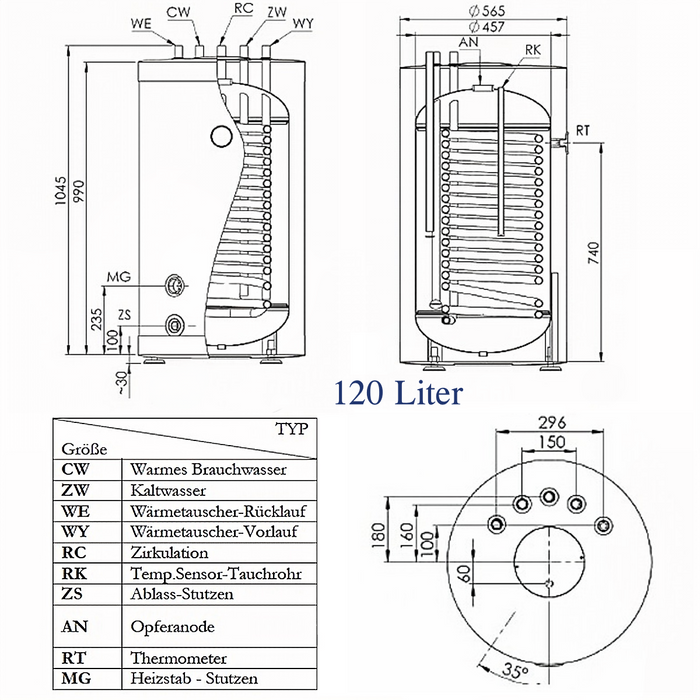 Warmwasserspeicher 120 L mit Incoloy 825 Heizstab 3 kW