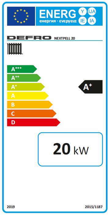Energieeffizienzlabel für DEFRO NEXTPELL 20 kW, A+ Rating, zeigt Umweltfreundlichkeit und Leistung 💚🔥