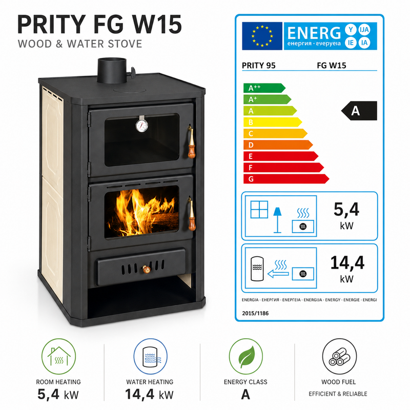 Vízbevezetéses fatüzelésű kályha sütőtérrel Prity FGW15 - 19,8 kW
