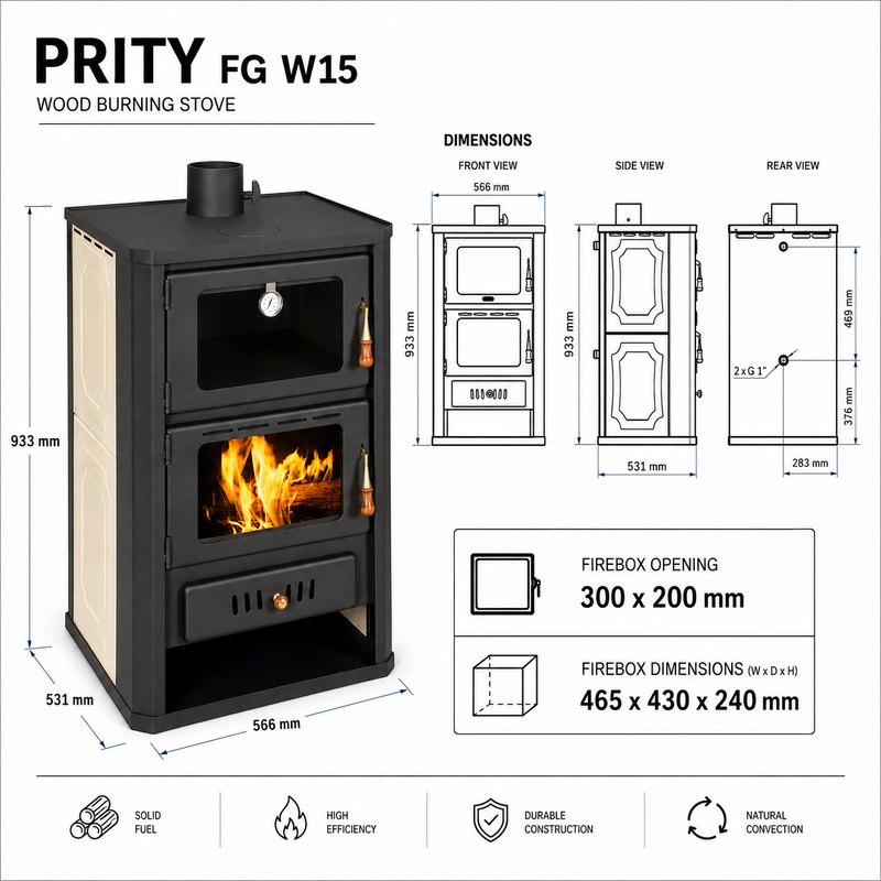 Vízbevezetéses fatüzelésű kályha sütőtérrel Prity FGW15 - 19,8 kW