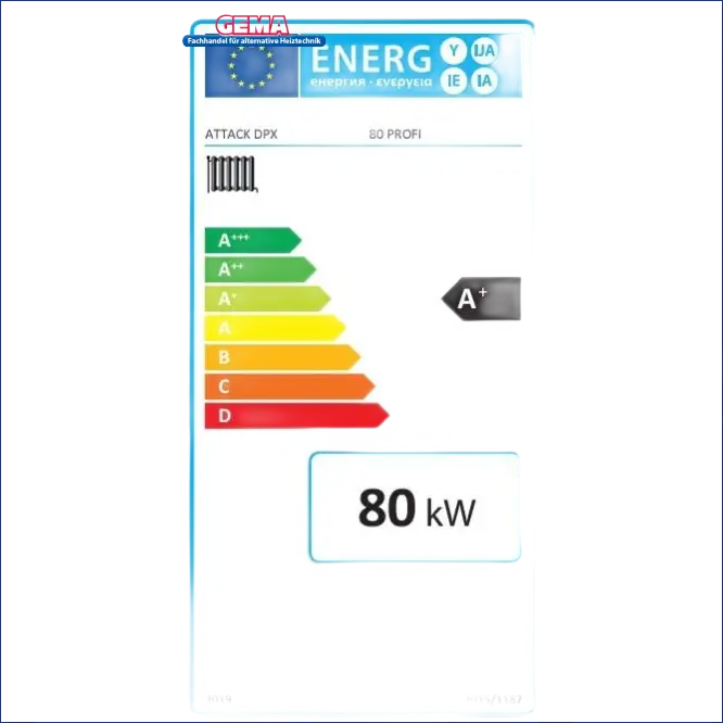 Energieeffizienzlabel für den Attack DPX Profi 80 kW Holzvergaser Heizkessel