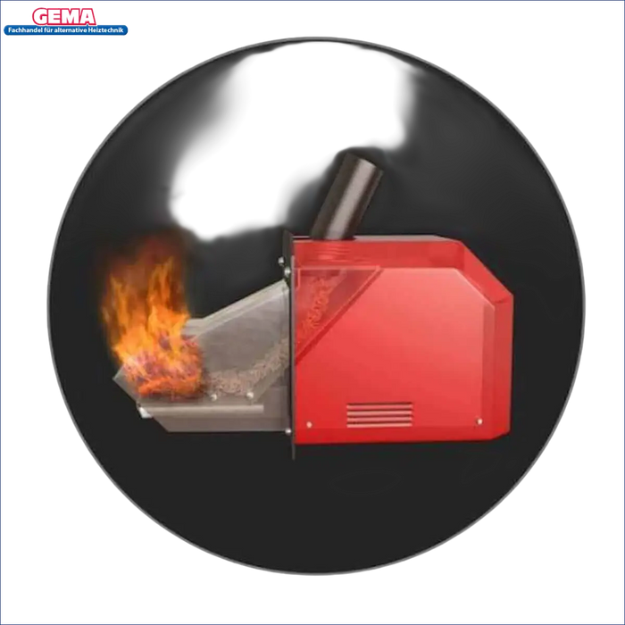 Roter Pelletbrenner mit Flammen für Attack SLX Kombikessel 35 kW für Holz und Pellets