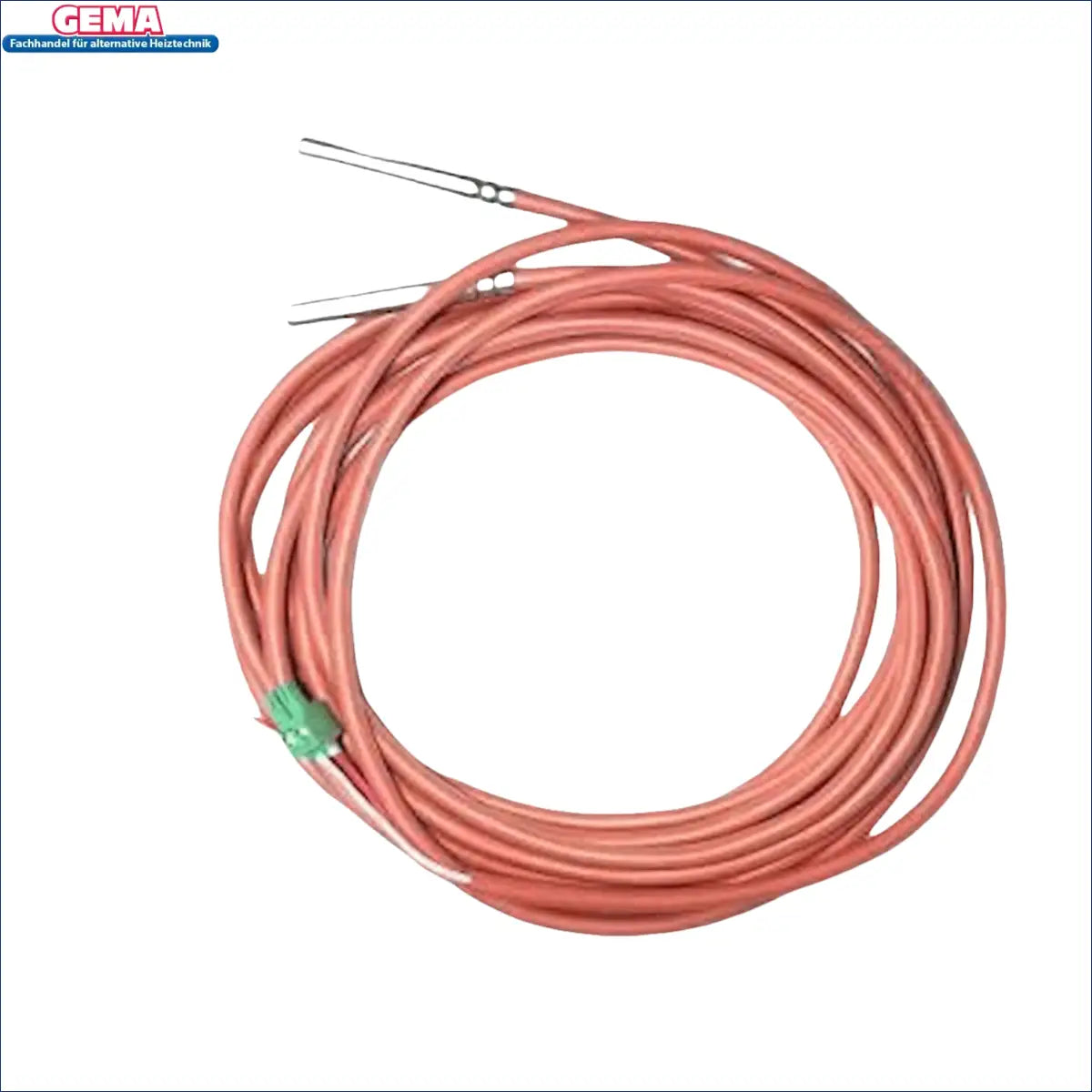 Coiled orange Kabel mit Metallsonden und grünen Anschlüssen für Attack Speicherfühler-Set