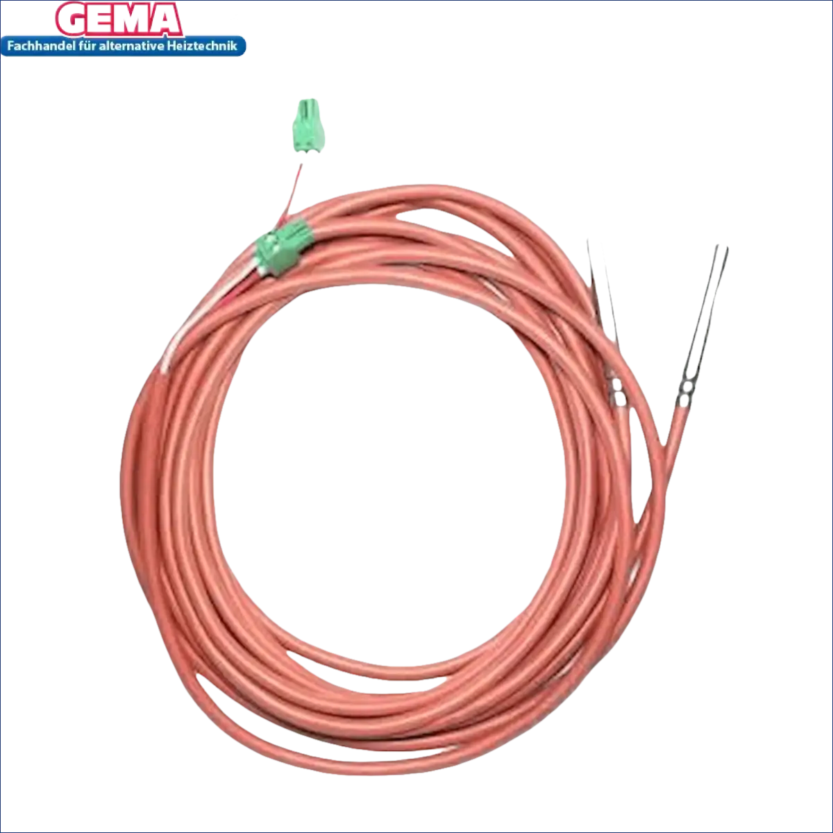 Gekrümmtes rosa Kabel mit grünem Stecker und Metallsonden für Attack Speicherfühler-Set