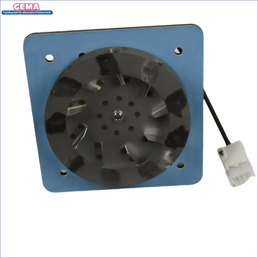 Blaue quadratische Platte mit schwarzem Ventilator und elektrischem Anschluss für Attack Wood Pellet Gebläse