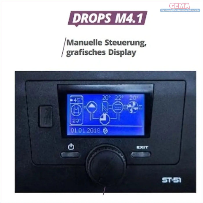 Schwarz control panel mit blauer Digitalanzeige an BRAUCHWASSER-Wärmepumpe DROPS M4.1