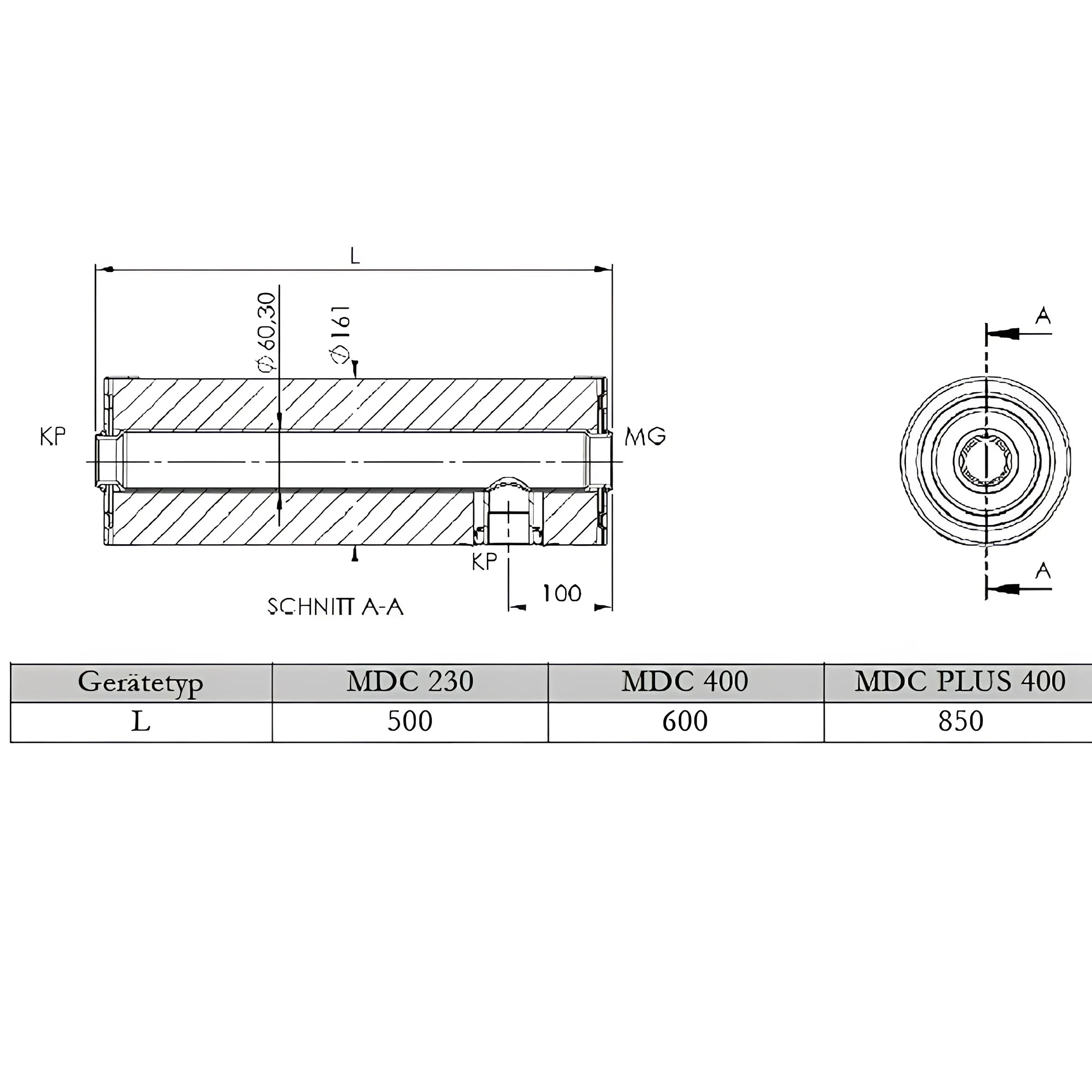 Technische Zeichnung eines zylindrischen Bauteils mit Maßen für Durchlauferhitzer MDC 230 plus