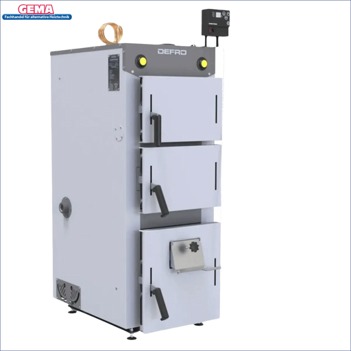 Weiße und graue Festbrennstoffheizung mit drei Türmen, Modell Defro Firewood Plus 12 kW Vergaser