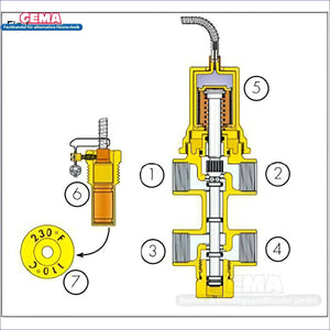 Labeled valve diagram illustrating the Caleffi doppelte thermische Ablaufsicherung ½