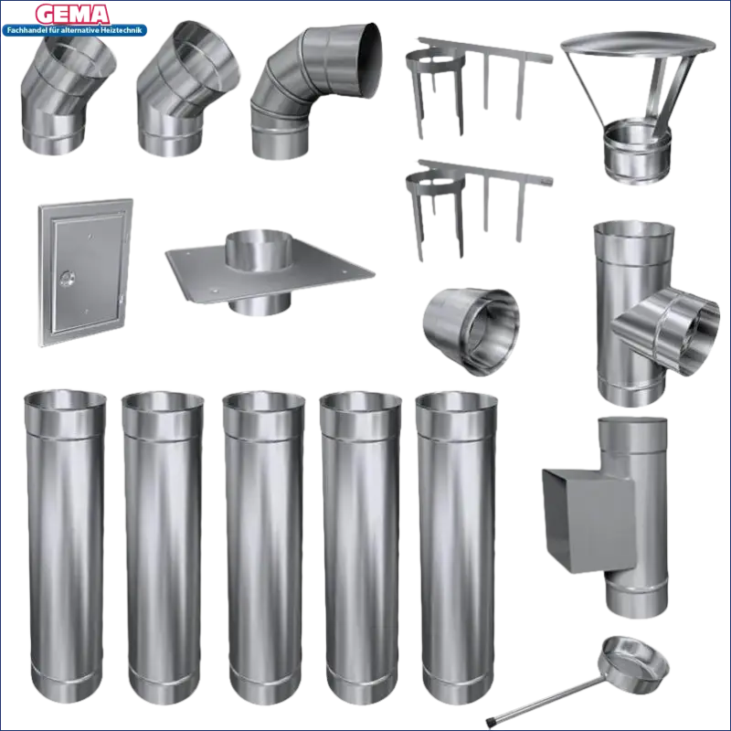 Assortiment von Metallschornstein-Komponenten für verschiedene Durchmesser und spezifische Anforderungen