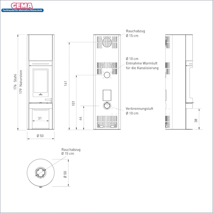 Technische Zeichnung des Edilkamin Tally S Evo 9,1 kW Kaminofens mit Abmessungen und Anschlüssen 🔥✨