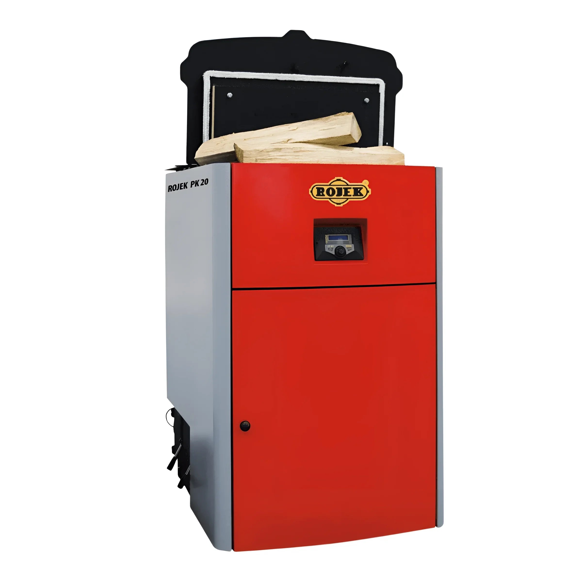Roter und grauer Holzvergaser Boiler bei Holzvergaser ROJEK PK BIO 60 kW