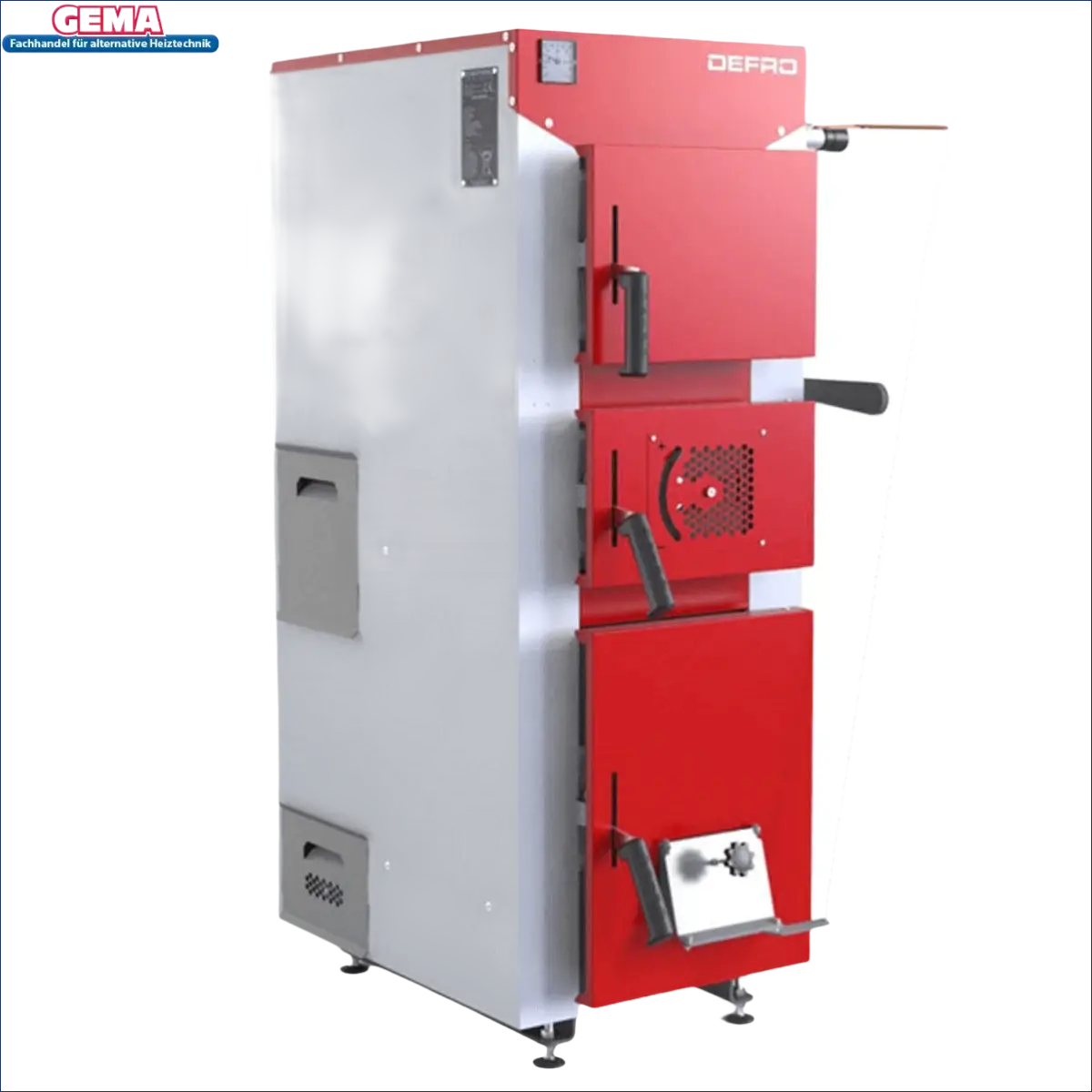 Roter und grauer Festbrennstoffkessel Defro DWS 22 kW mit hohem Wirkungsgrad