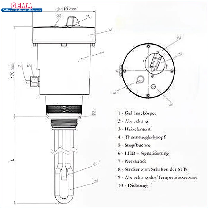 🔧 Technische Zeichnung der Heizpatrone mit Maßen und Steuerungskomponenten. Ideal für Heiz- und PV-Anlagen. ⚡