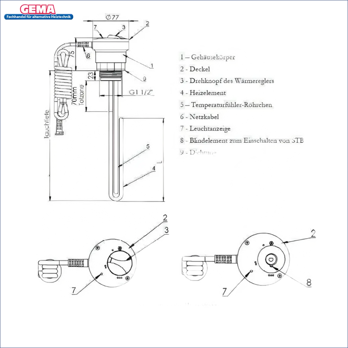 Technische Zeichnung eines Heizstabs Heizpatrone 2 kW für Heizungsanwendungen
