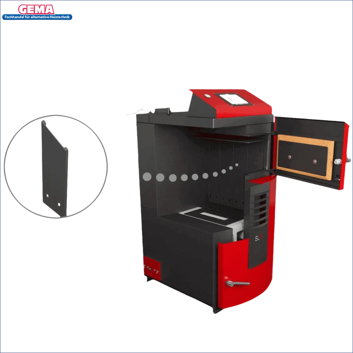 Roter und schwarzer Holzvergaser Kessel mit offenem Tür, Modell Attack SLX Lambda 55 kW