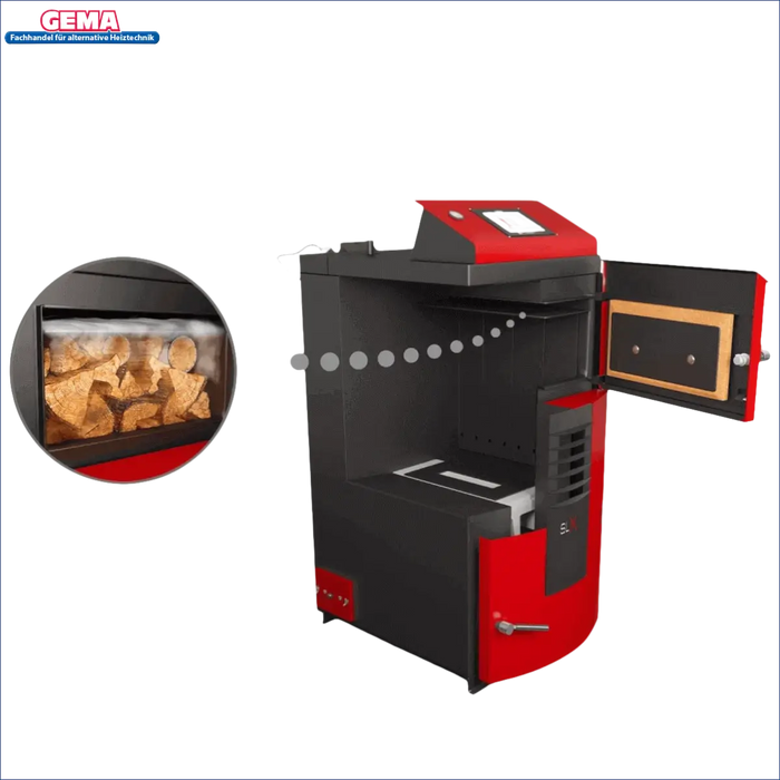 Roter und schwarzer Holzvergaserkessel Holzvergaserkessel Attack SLX Lambda 55 kW
