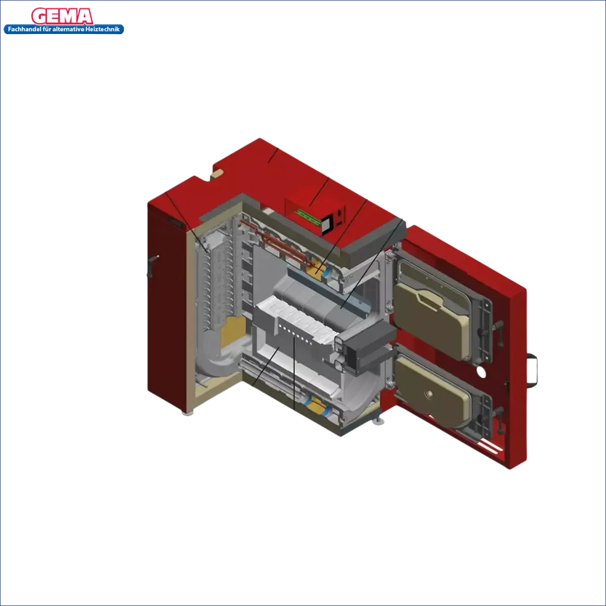 Schnittansicht eines roten Holzvergaserkessels IBC GK-7k-öko 36 kW