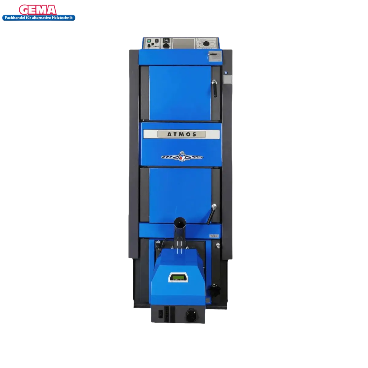 Blaue und graue Holzvergaserkessel Kombikessel Atmos DC GSP förderfähig