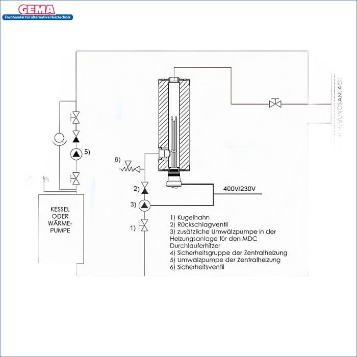 Diagramm eines Zentralheizungssystems für Nachheizmodul MDC 400 Heizmodul