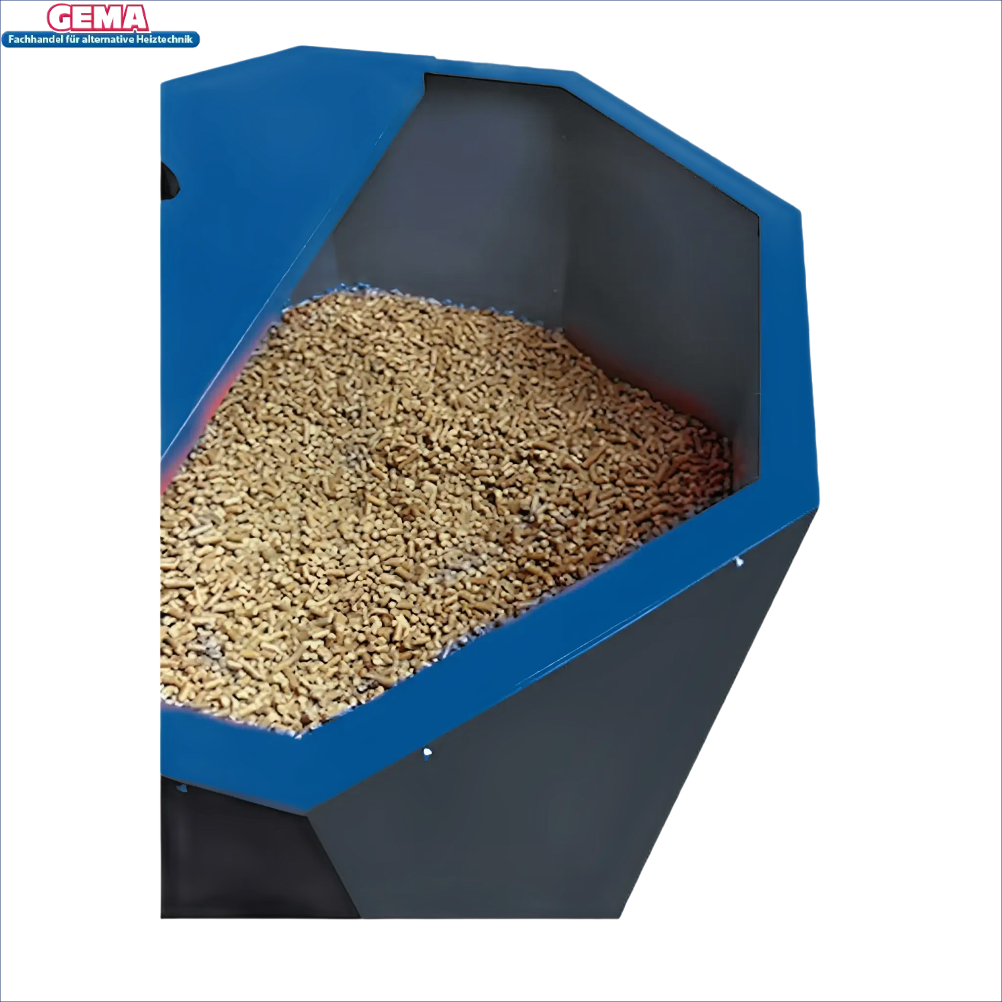 Blaue Hopper voller Pellets für Atmos Pelletsilo in durchdachter Lösung mit kompakter Bauweise