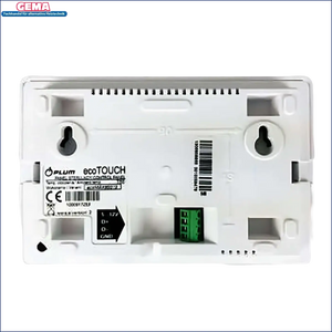 Weiße wandmontierte Steuerungsleiste mit grünem Anschlussblock für PLUM ecoTouch Raumthermostat
