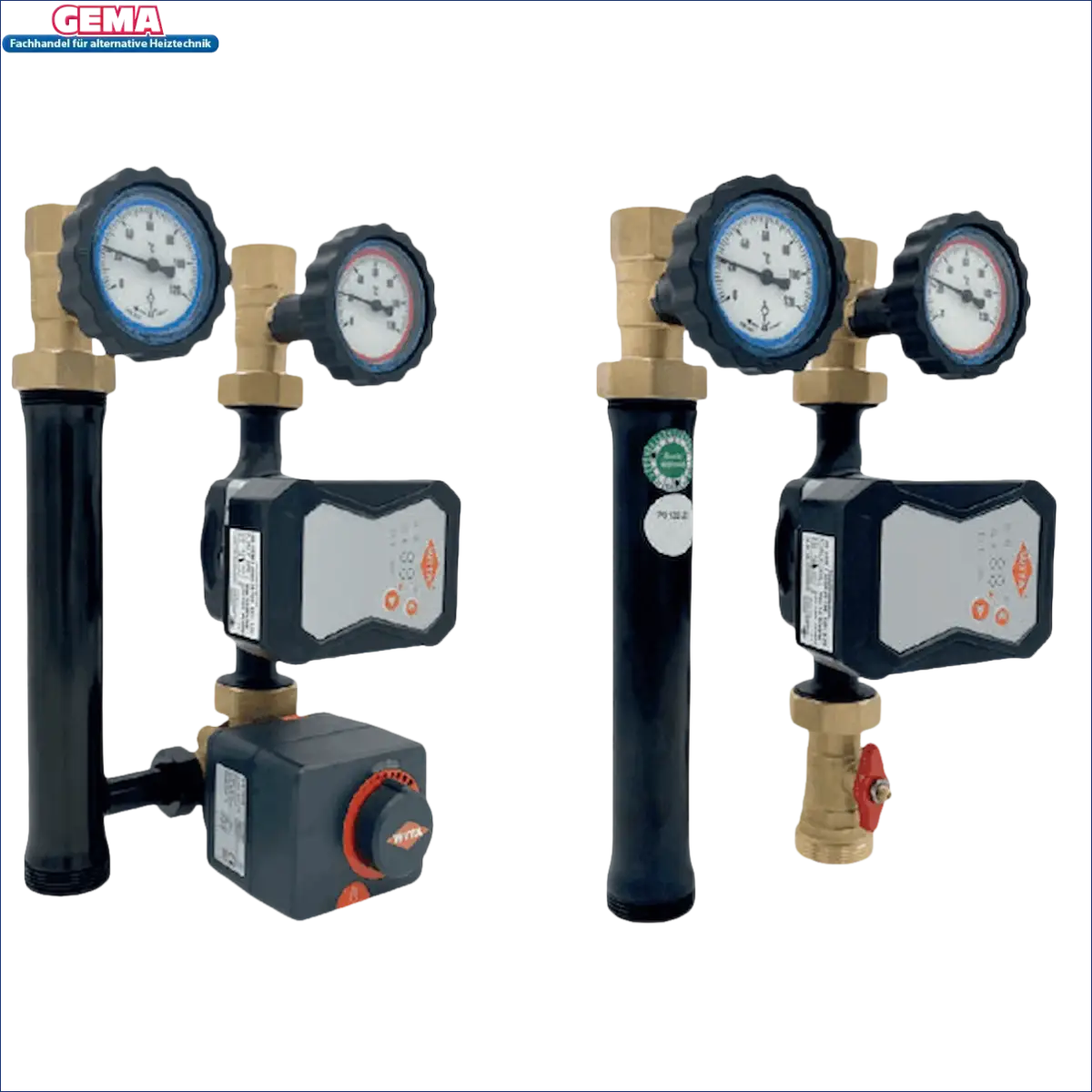 Zwei Manifold-Anlagen mit Gauges und Pumpen für die Pumpengruppe mit 3-Wege-Mischer