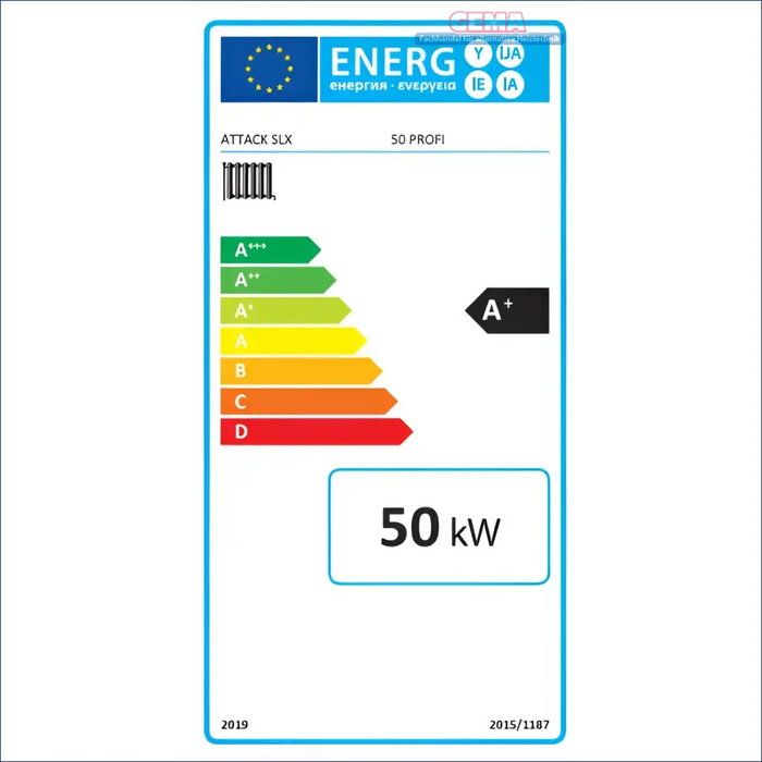 Energieeffizienzlabel für einen 50 kW ATTACK SLX Holzvergaserkessel in Rot-Schwarz