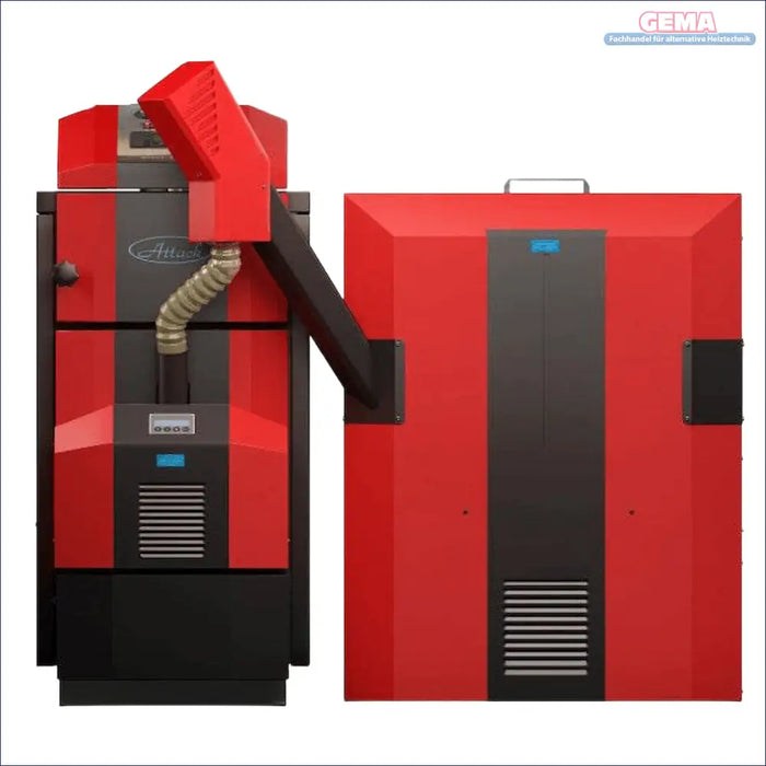 Roter und schwarzer Pelletkessel Attack Pellet 30 Automatic Plus für effiziente Heizung