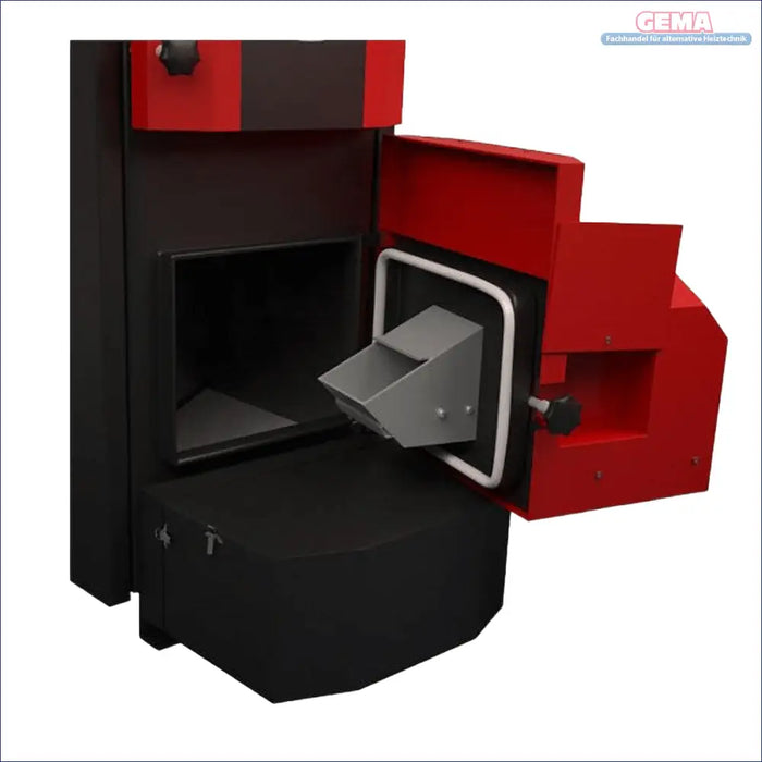 Rotierender schwarzer Pelletkessel Attack Pellet 30 Automatic Plus mit offenem Türdesign